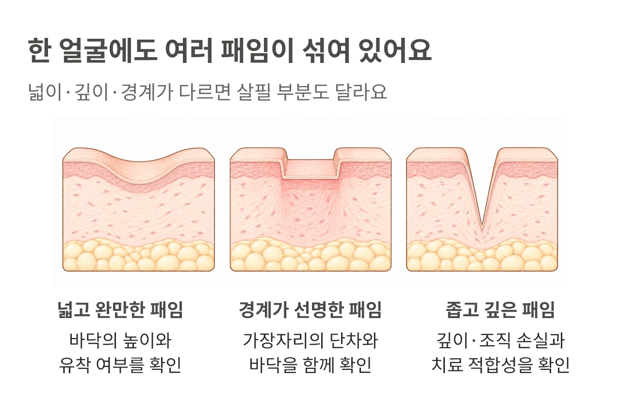 넓고 완만한 패임, 경계가 선명한 패임, 좁고 깊은 패임의 구조 비교