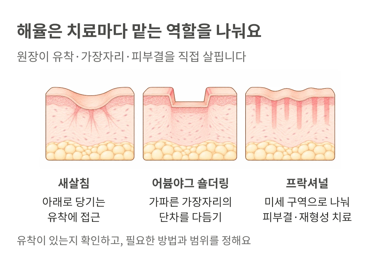 해율 안양점의 새살침·어븀야그 숄더링·프락셔널이 각각 다루는 유착·경계·피부결