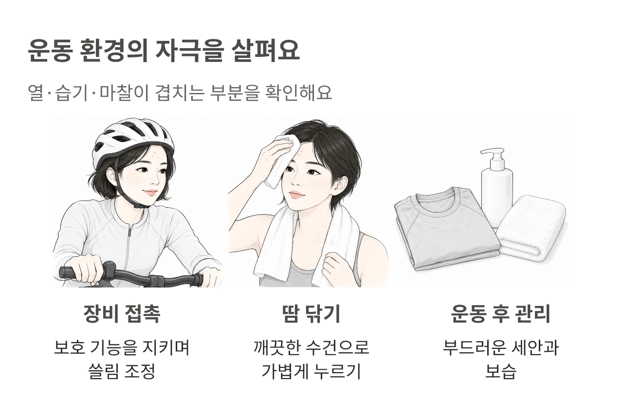운동 환경의 자극을 살펴요. 열·습기·마찰이 겹치는 부분을 확인해요