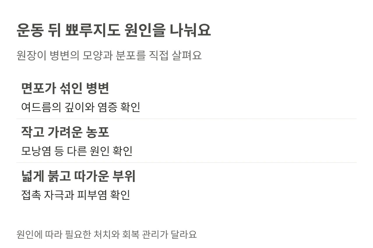 운동 뒤 뾰루지도 원인을 나눠요. 원장이 병변의 모양과 분포를 직접 살펴요