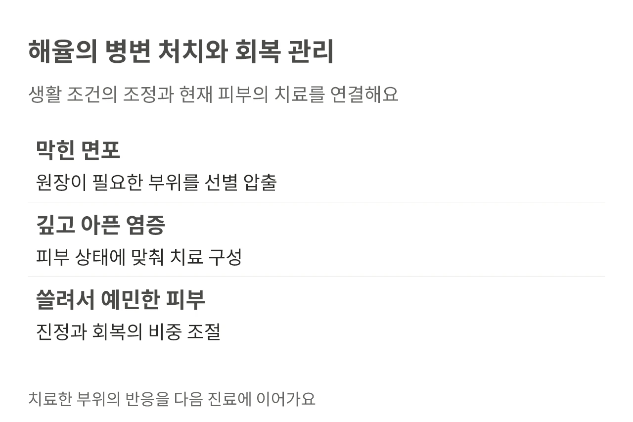 해율의 병변 처치와 회복 관리. 생활 조건의 조정과 현재 피부의 치료를 연결해요