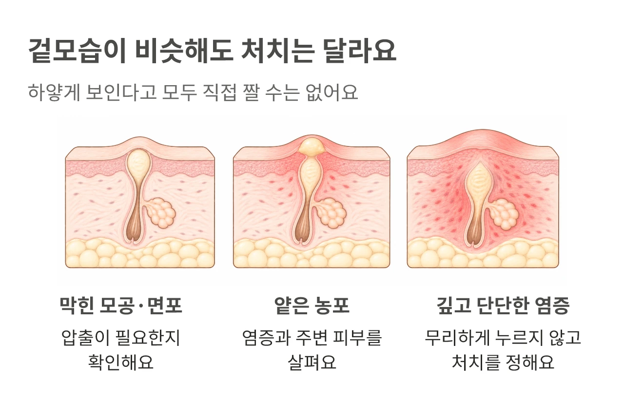 면포, 얕은 농포, 깊고 단단한 염증의 차이