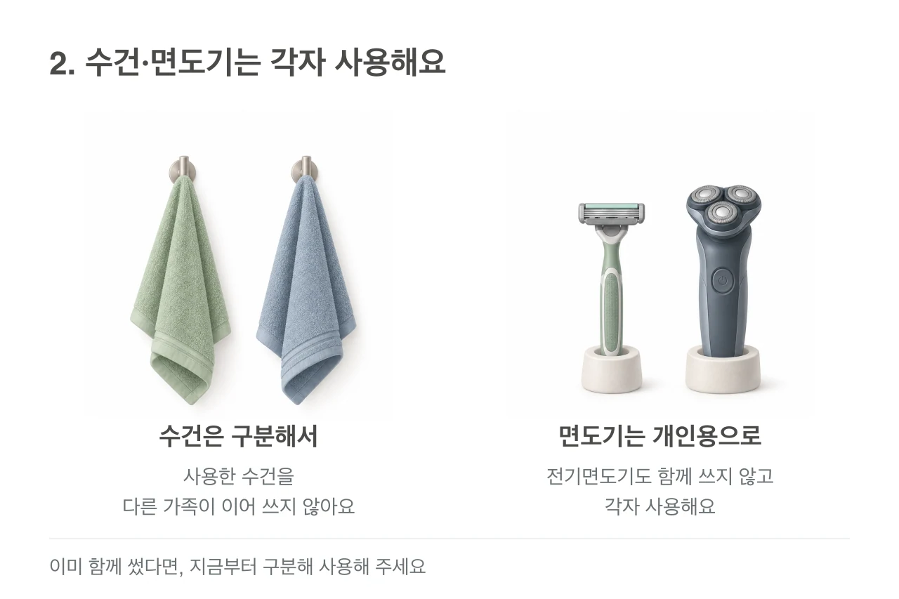 서로 다른 색의 개인 수건을 각각 걸어둔 모습과 따로 사용하는 일반 면도기·전기면도기 그림.