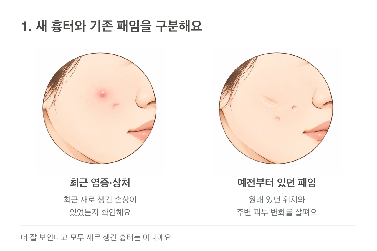 최근 염증이 있는 볼과 붉은 염증 없이 예전부터 남아 있는 패인흉터를 구분하는 그림.