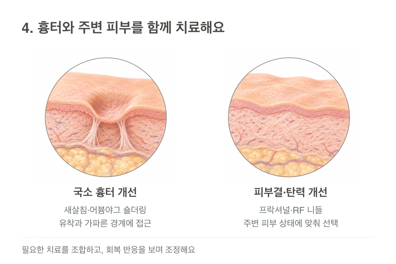 유착과 경계가 있는 국소 흉터, 넓은 주변 피부의 요철과 지지 조직을 각각 보여주는 치료 목표 그림.