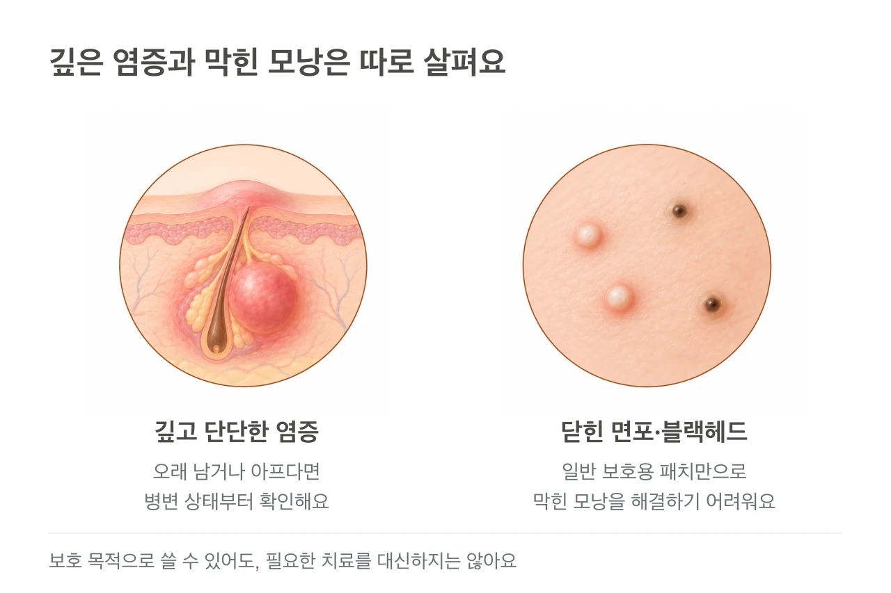 표면이 닫힌 깊은 염증성 여드름의 피부 단면과 닫힌 면포·블랙헤드가 있는 피부 표면을 나란히 보여주는 설명 그림.