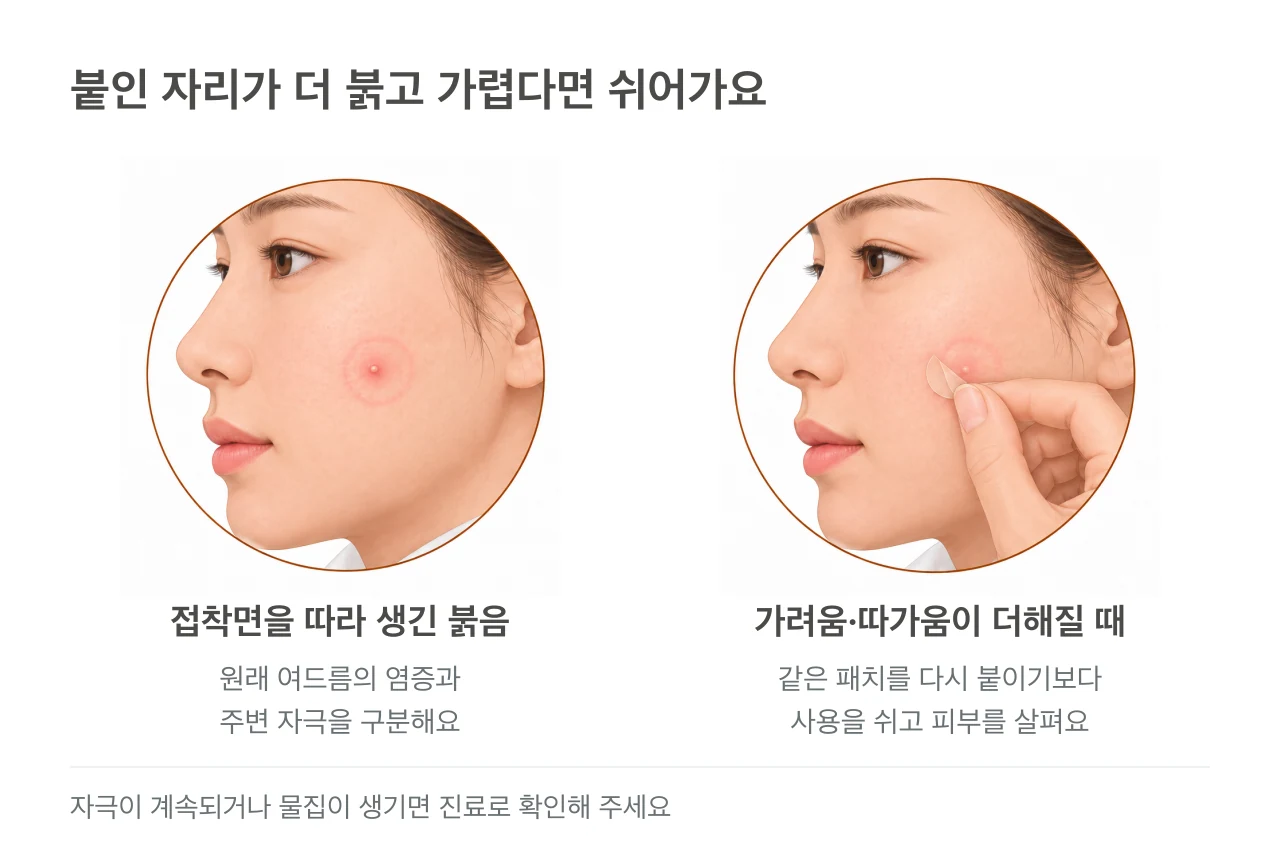 여드름 주변에 패치 접착면을 따라 생긴 붉은 자극과 얇은 패치를 부드럽게 제거하는 손을 보여주는 그림.