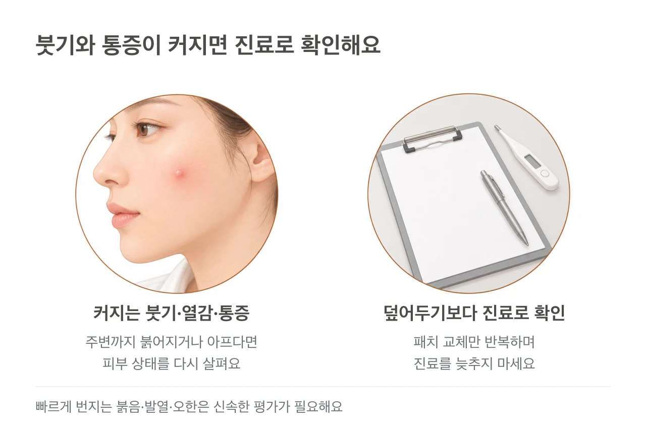 주변으로 붉음과 붓기가 퍼진 피부와 피부 상태를 확인하기 위한 진료 기록·체온계를 보여주는 그림.