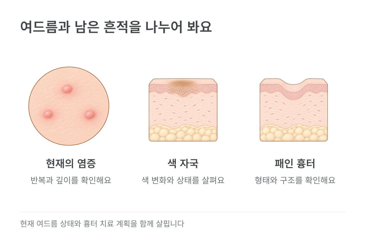 여드름과 남은 흔적을 나누어 봐요 — 현재의 염증·색 자국·패인 흉터