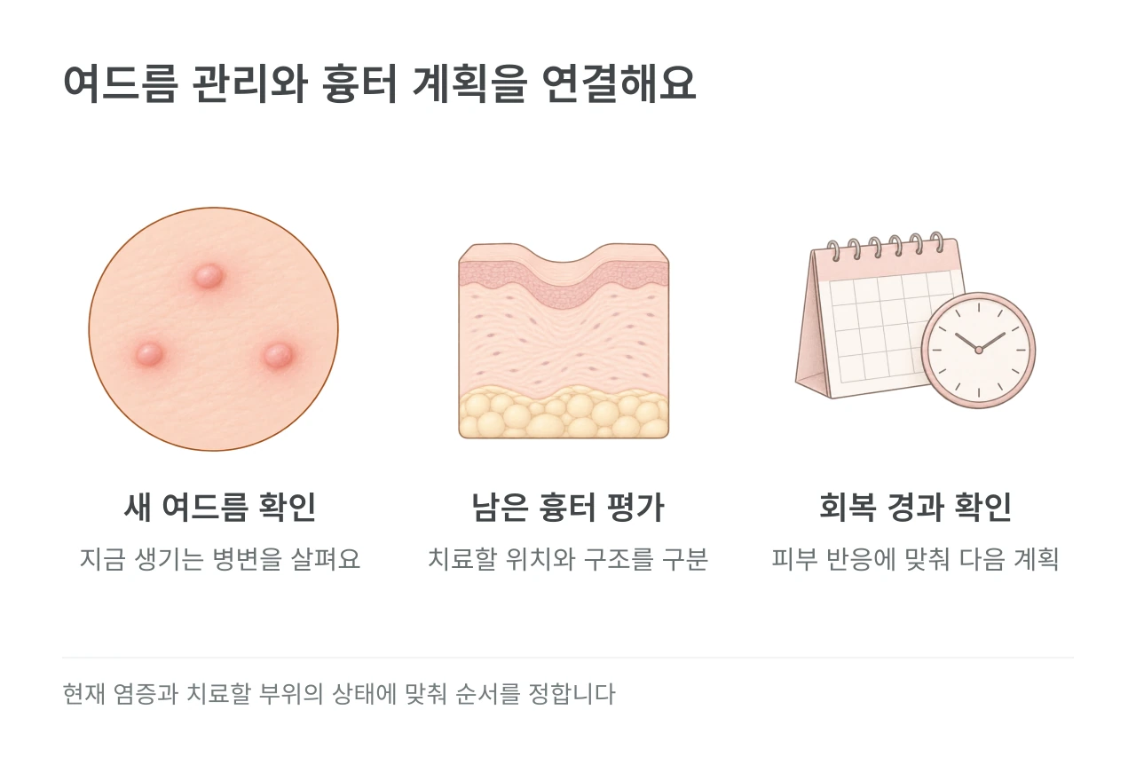 여드름 관리와 흉터 계획을 연결해요 — 새 여드름 확인·남은 흉터 평가·회복 경과 확인