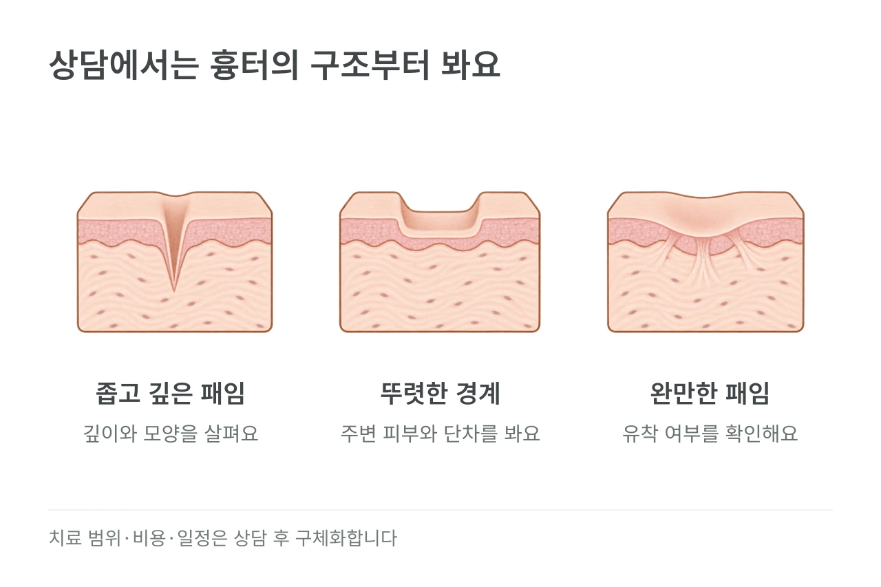 상담에서는 흉터의 구조부터 봐요 — 좁고 깊은 패임·뚜렷한 경계·완만한 패임