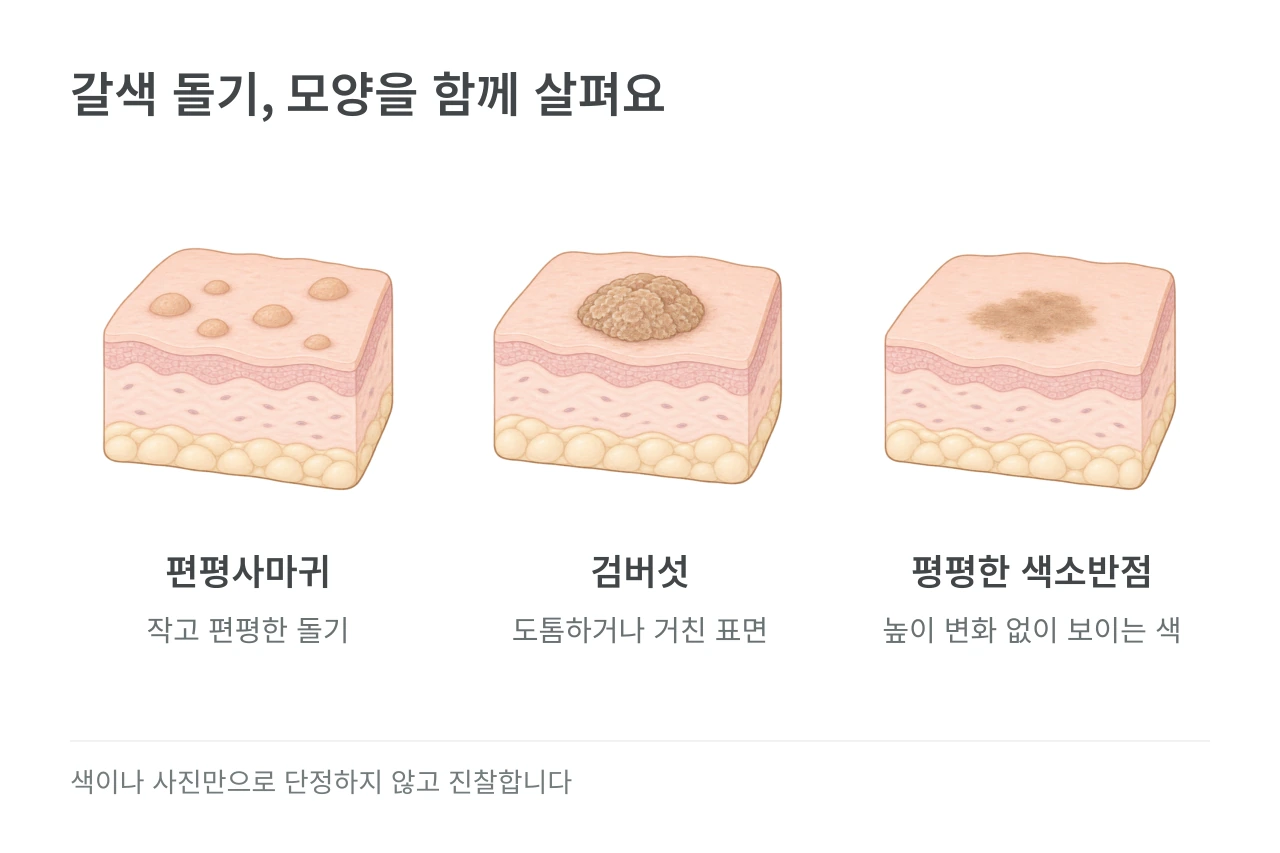 갈색 돌기, 모양을 함께 살펴요 — 편평사마귀·검버섯·평평한 색소반점