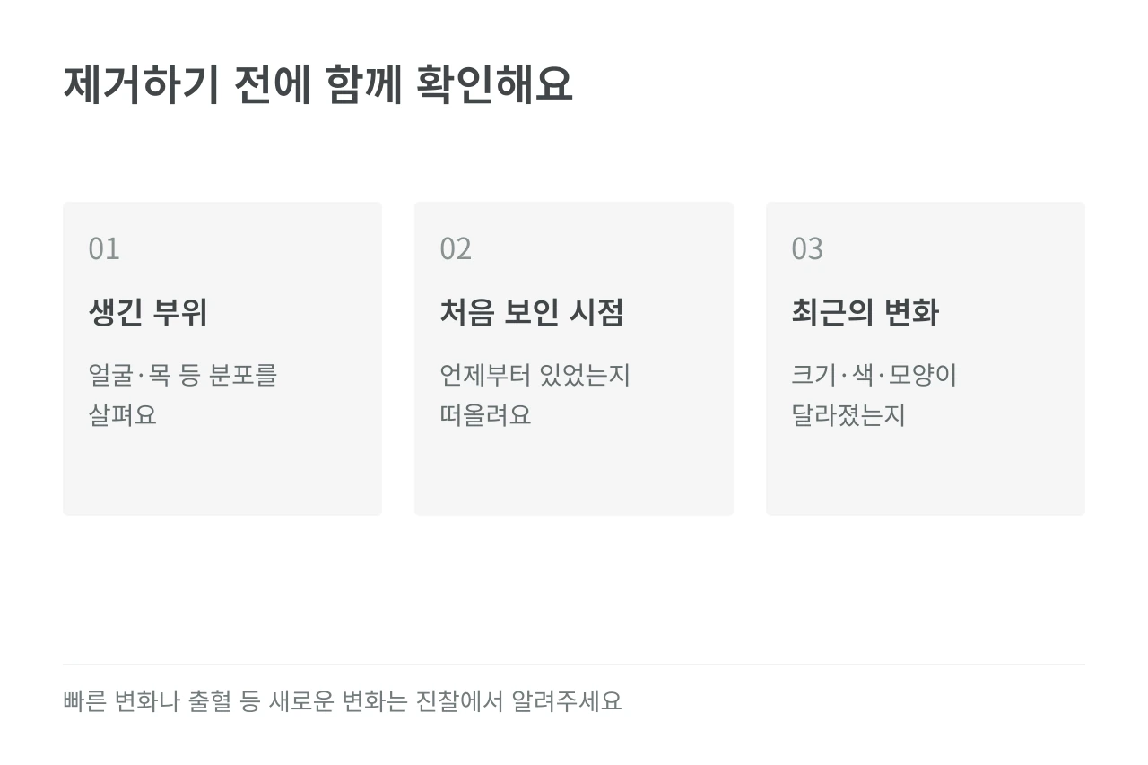 제거하기 전에 함께 확인해요 — 생긴 부위·처음 보인 시점·최근의 변화