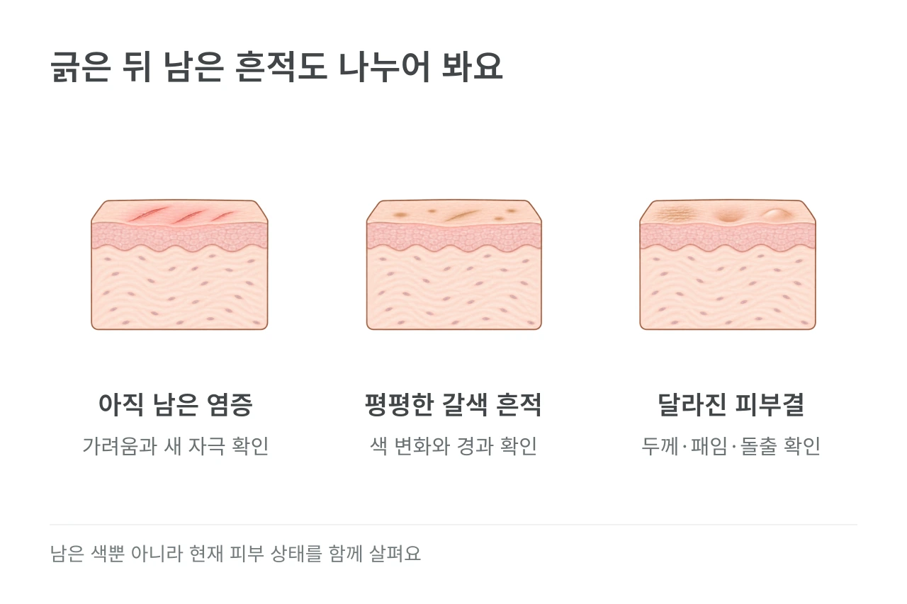 긁은 뒤 남은 흔적도 나누어 봐요 — 아직 남은 염증·평평한 갈색 흔적·달라진 피부결