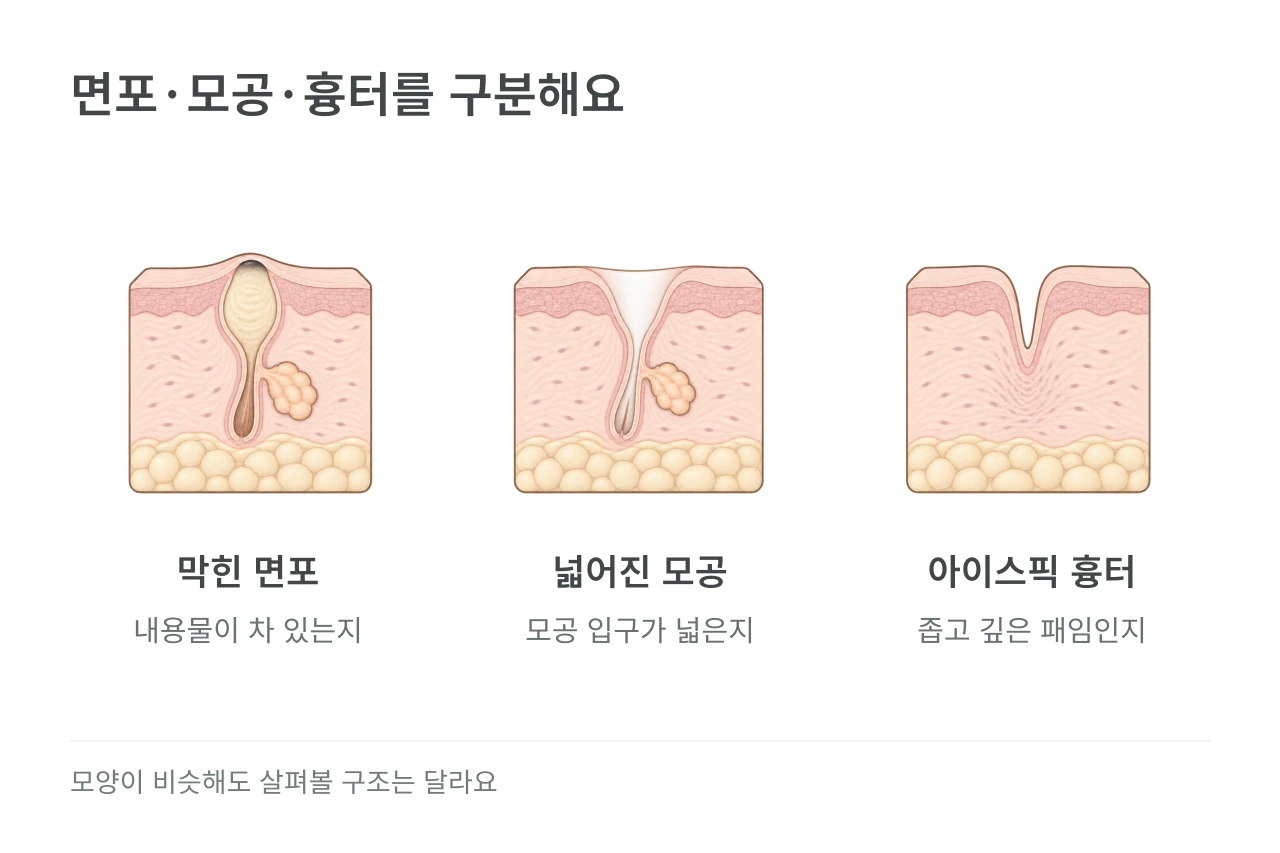 면포·모공·흉터를 구분해요 — 막힌 면포·넓어진 모공·아이스픽 흉터