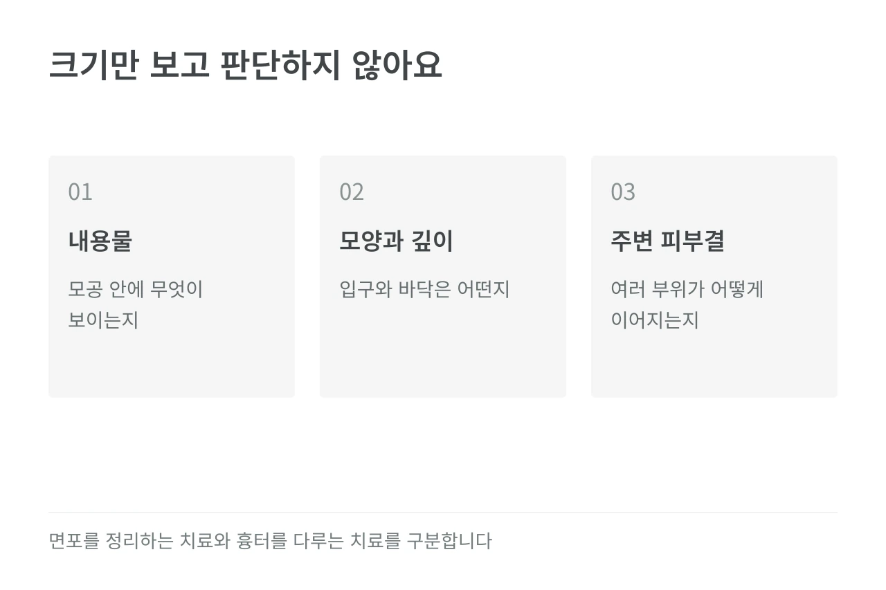크기만 보고 판단하지 않아요 — 내용물·모양과 깊이·주변 피부결