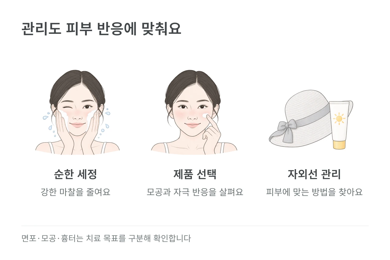 관리도 피부 반응에 맞춰요 — 순한 세정·제품 선택·자외선 관리