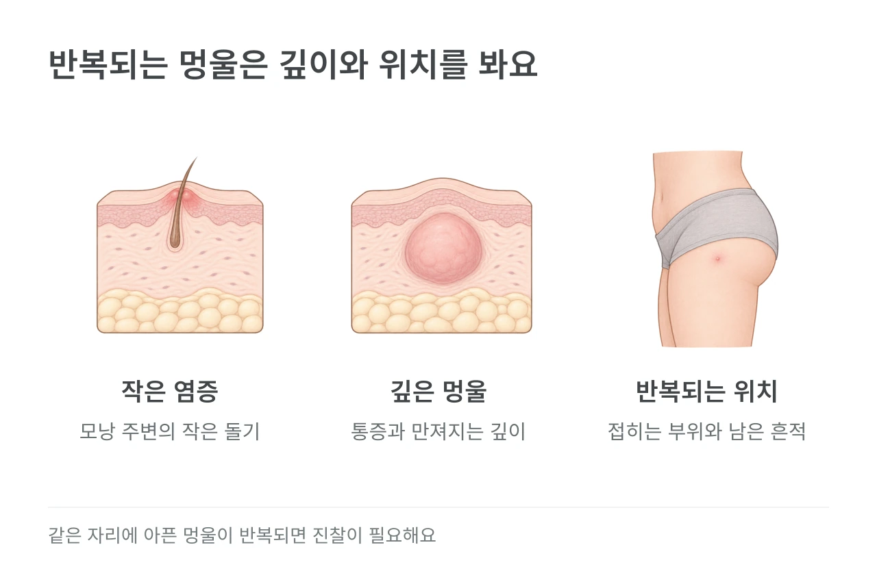 반복되는 멍울은 깊이와 위치를 봐요 — 작은 염증·깊은 멍울·반복되는 위치