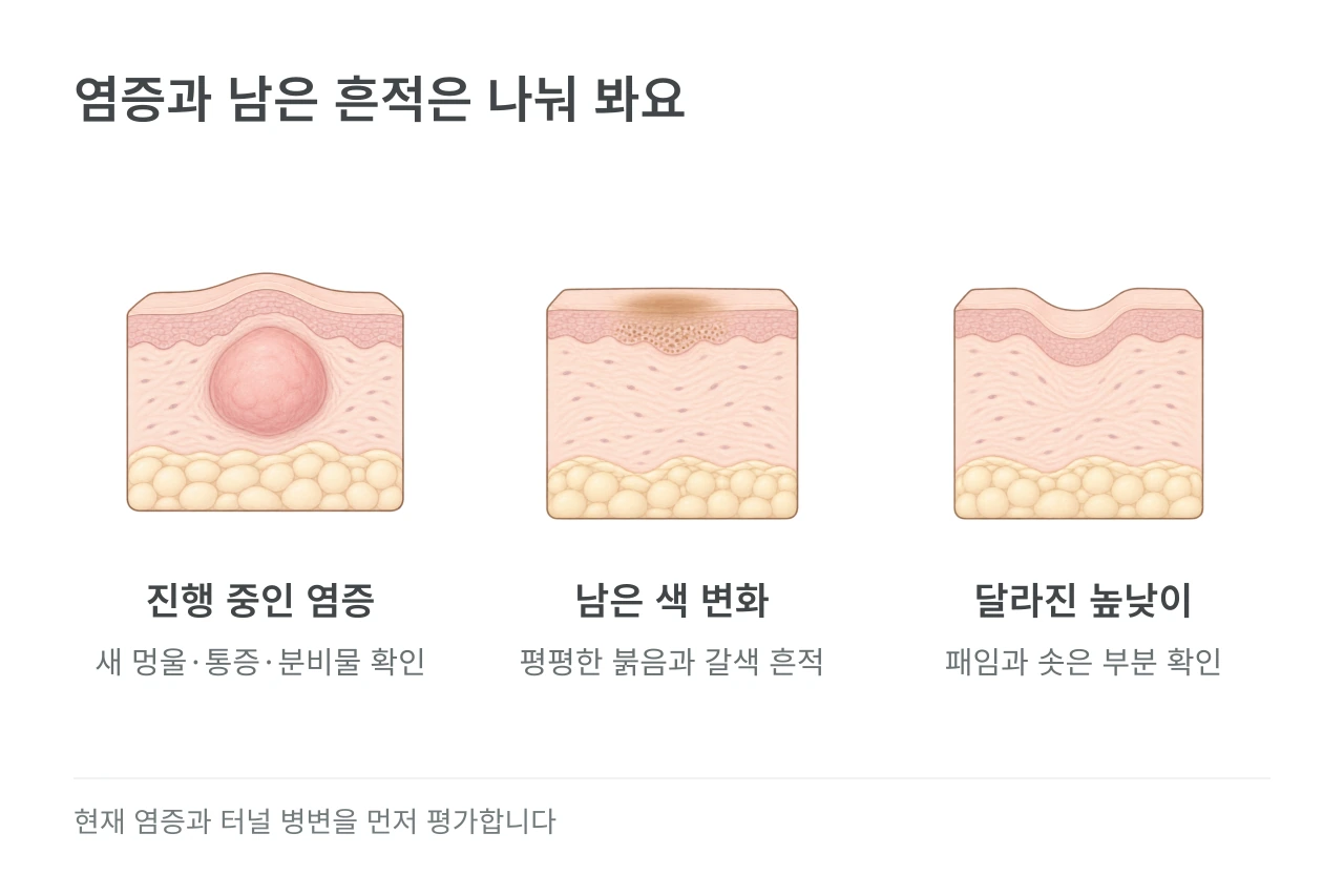 염증과 남은 흔적은 나눠 봐요 — 진행 중인 염증·남은 색 변화·달라진 높낮이