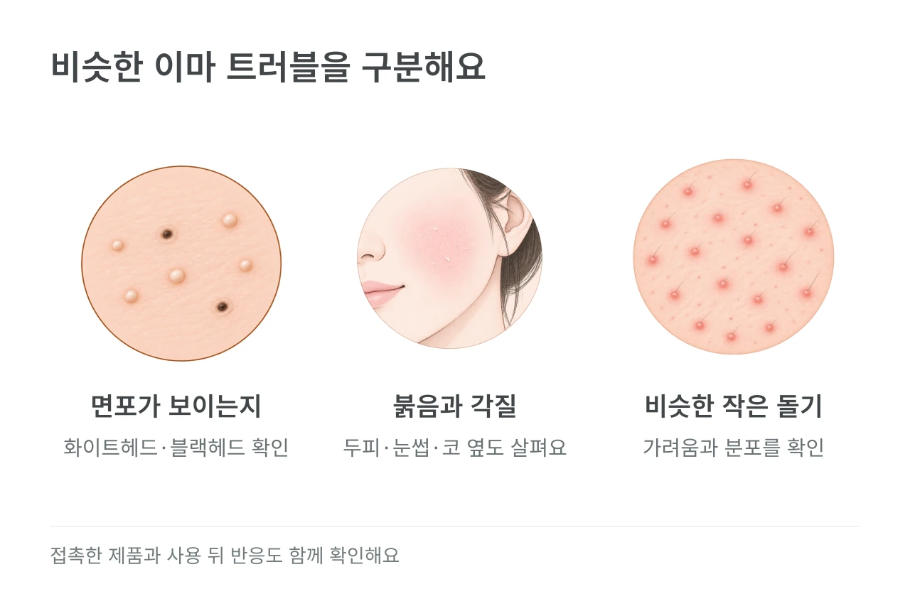 비슷한 이마 트러블을 구분해요 — 면포가 보이는지·붉음과 각질·비슷한 작은 돌기