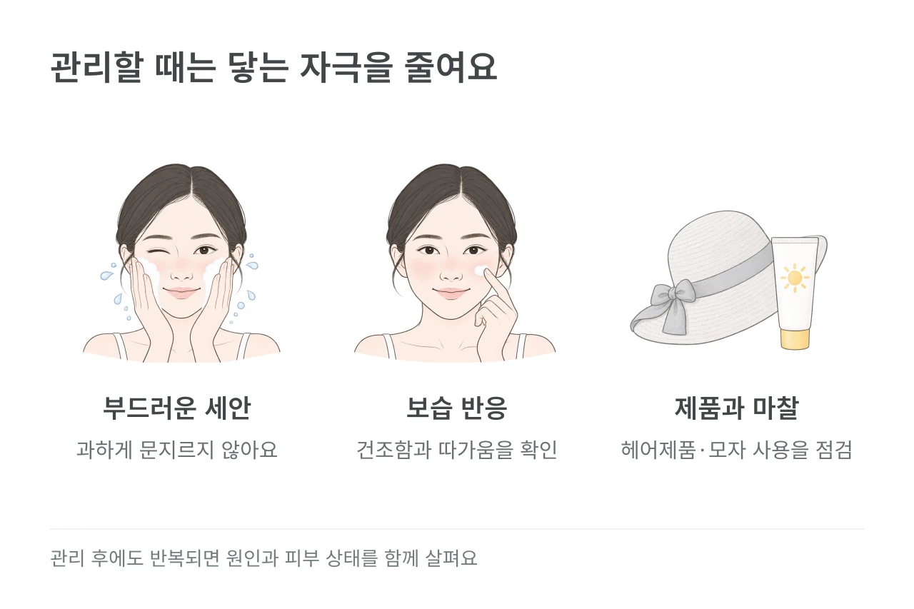 관리할 때는 닿는 자극을 줄여요 — 부드러운 세안·보습 반응·제품과 마찰
