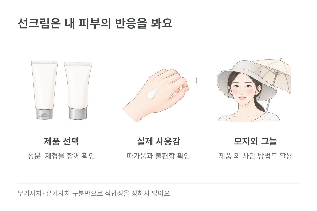 선크림은 내 피부의 반응을 봐요 — 제품 선택·실제 사용감·모자와 그늘