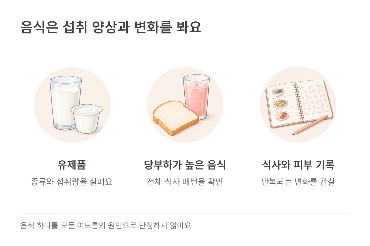 음식은 섭취 양상과 변화를 봐요 — 유제품·당부하가 높은 음식·식사와 피부 기록