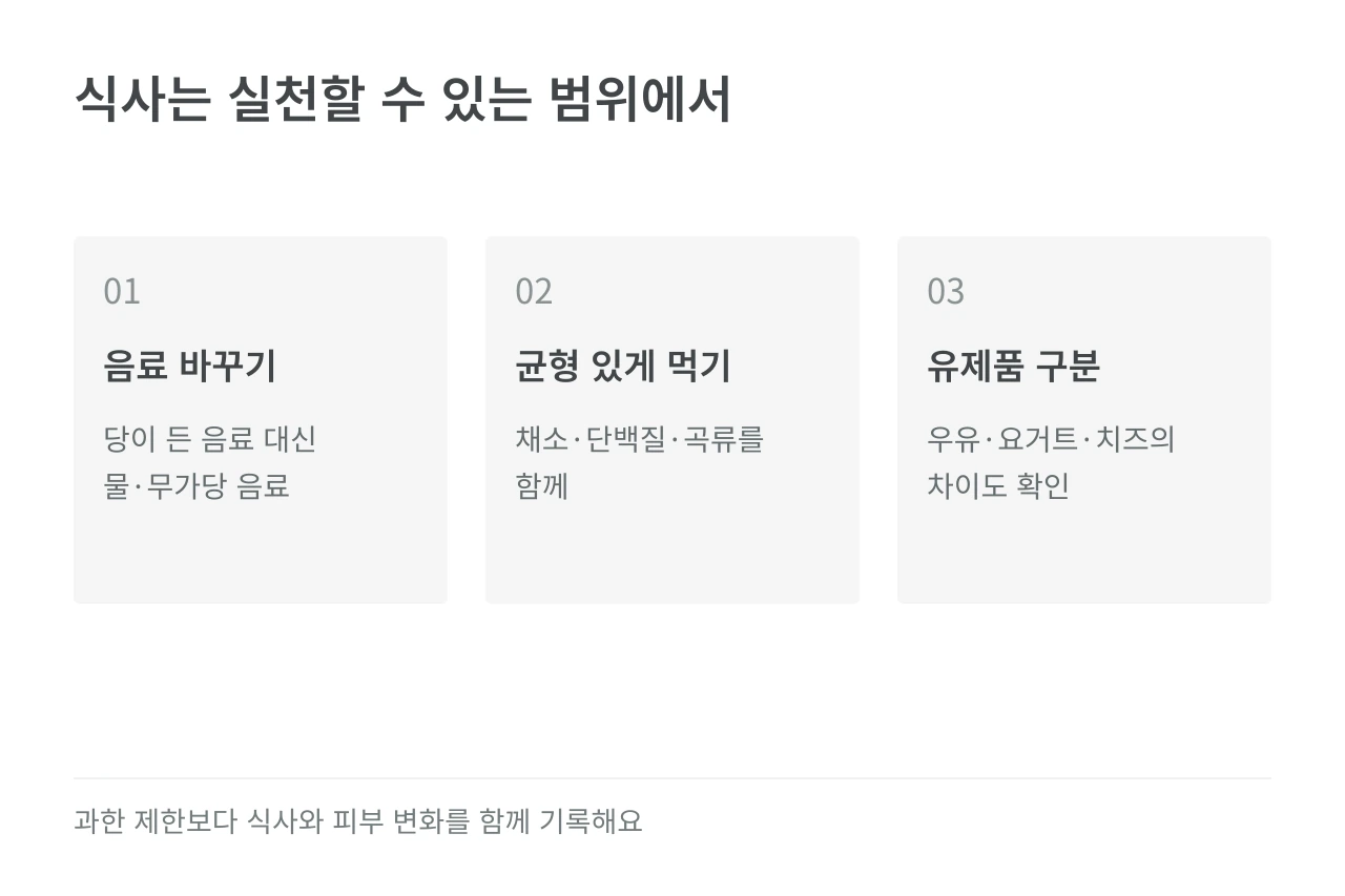 식사는 실천할 수 있는 범위에서 — 음료 바꾸기·균형 있게 먹기·유제품 구분