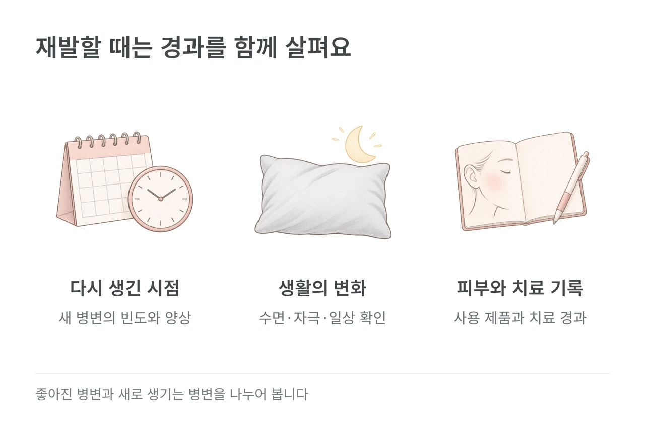 재발할 때는 경과를 함께 살펴요 — 다시 생긴 시점·생활의 변화·피부와 치료 기록
