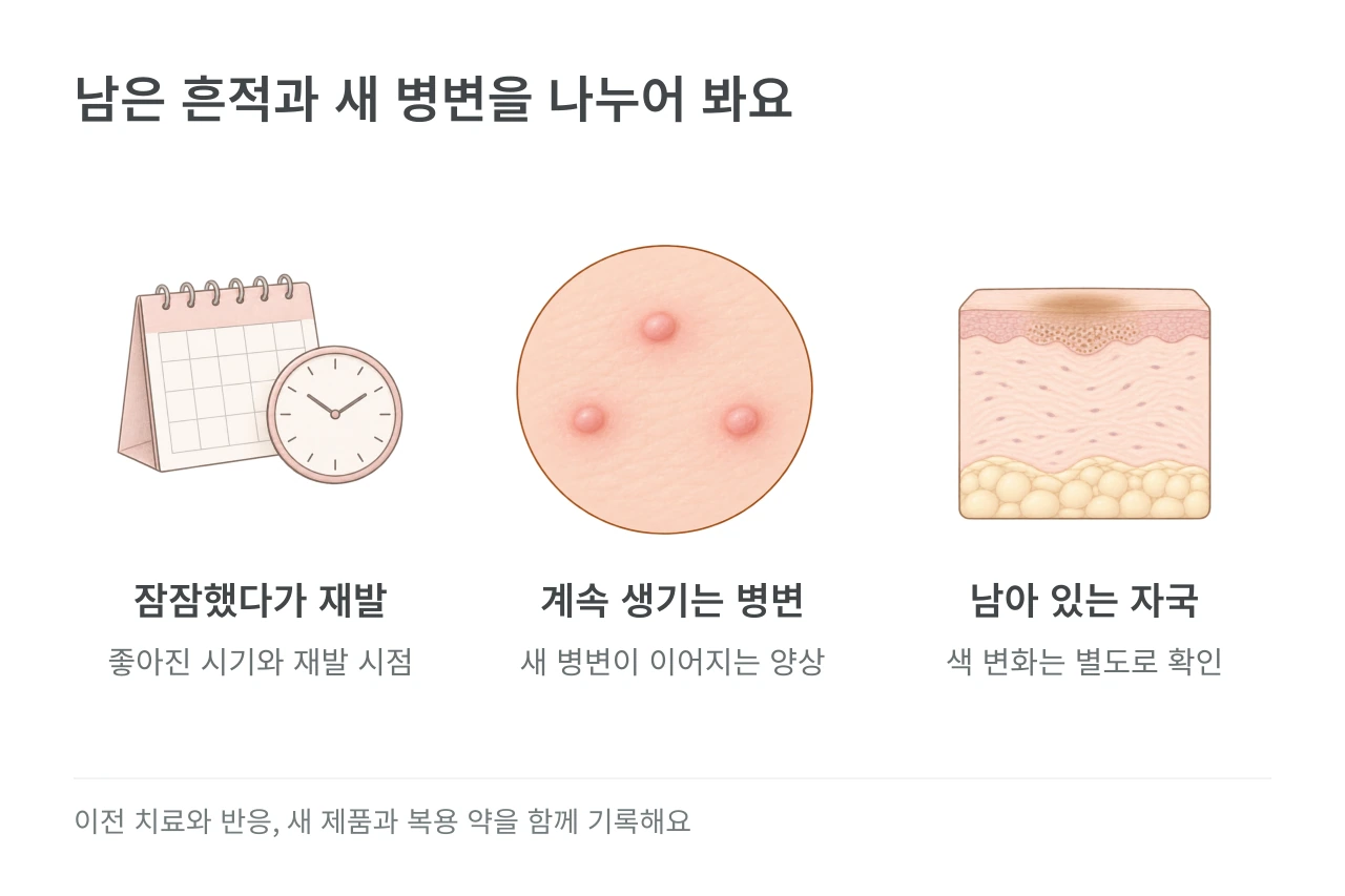 남은 흔적과 새 병변을 나누어 봐요 — 잠잠했다가 재발·계속 생기는 병변·남아 있는 자국