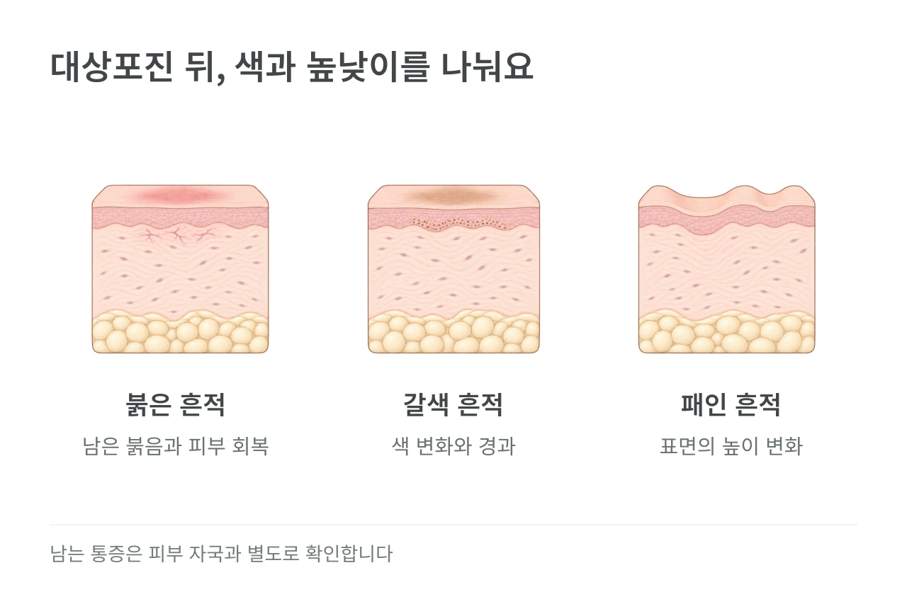 대상포진 뒤, 색과 높낮이를 나눠요 — 붉은 흔적·갈색 흔적·패인 흔적