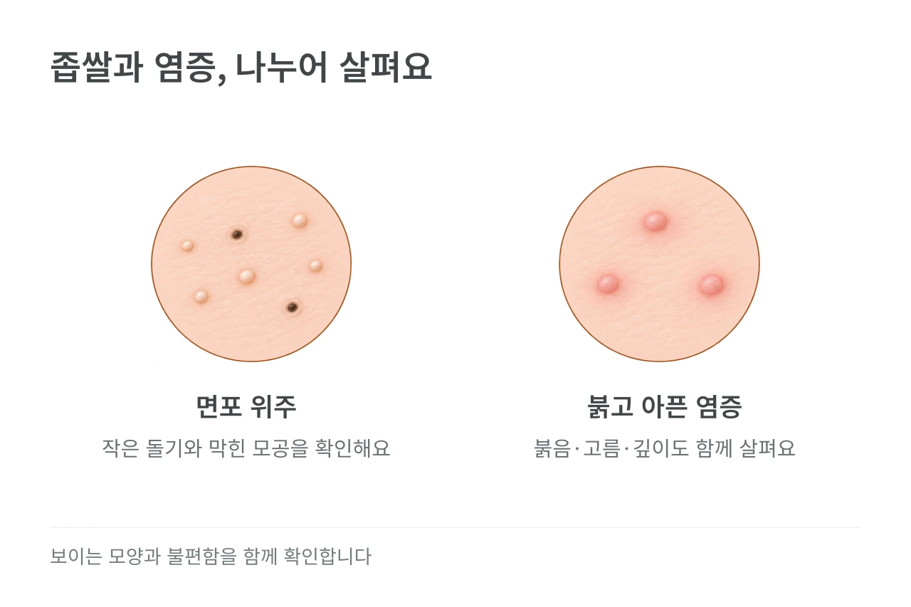 좁쌀과 염증, 나누어 살펴요 — 면포 위주·붉고 아픈 염증