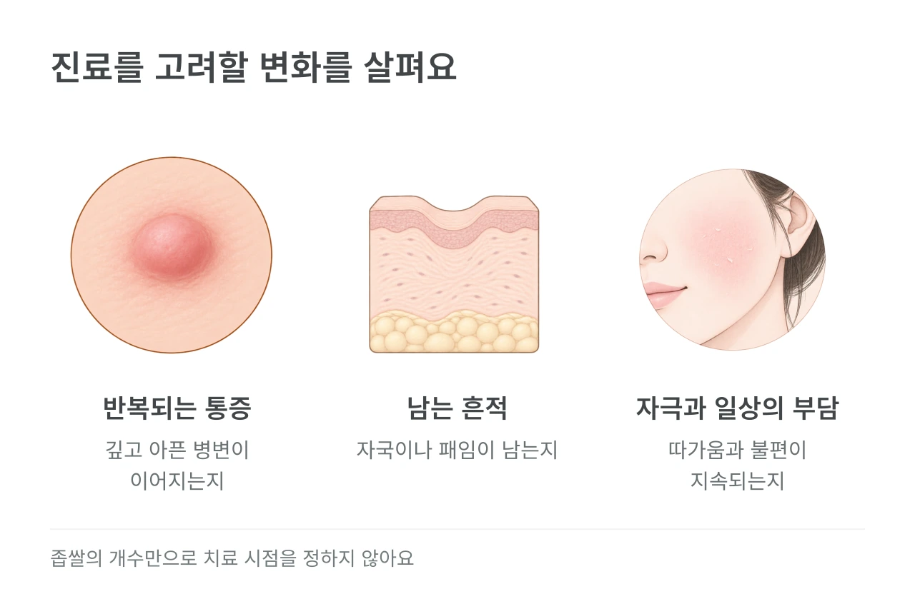 진료를 고려할 변화를 살펴요 — 반복되는 통증·남는 흔적·자극과 일상의 부담