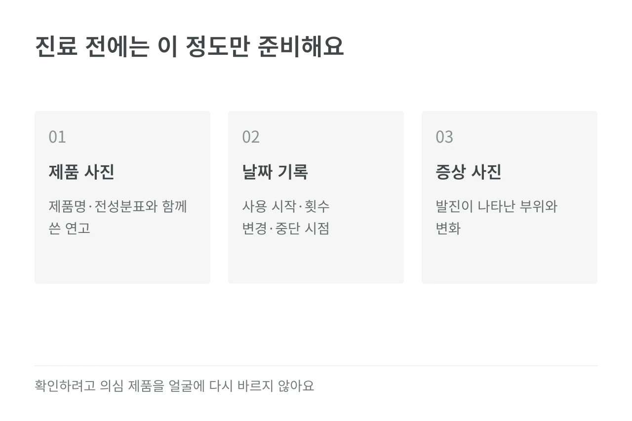 진료 전에는 이 정도만 준비해요 — 제품 사진·날짜 기록·증상 사진