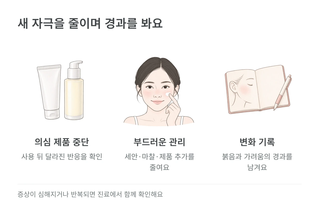새 자극을 줄이며 경과를 봐요 — 의심 제품 중단·부드러운 관리·변화 기록