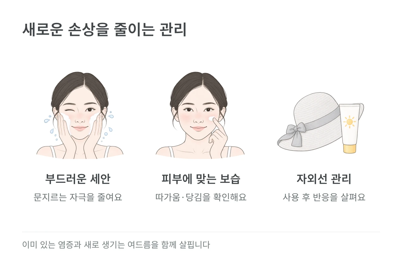 새로운 손상을 줄이는 관리 — 부드러운 세안·피부에 맞는 보습·자외선 관리