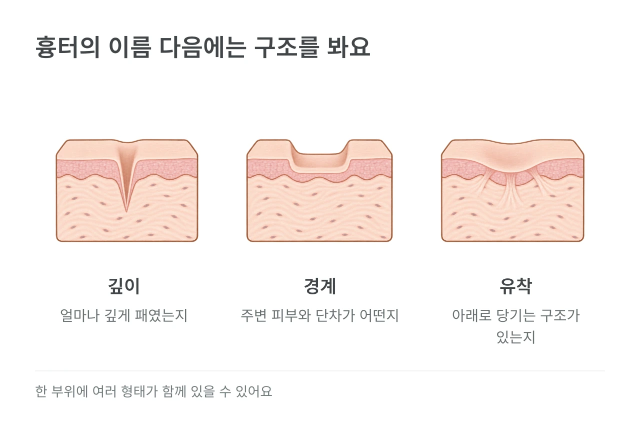 흉터의 이름 다음에는 구조를 봐요 — 깊이·경계·유착