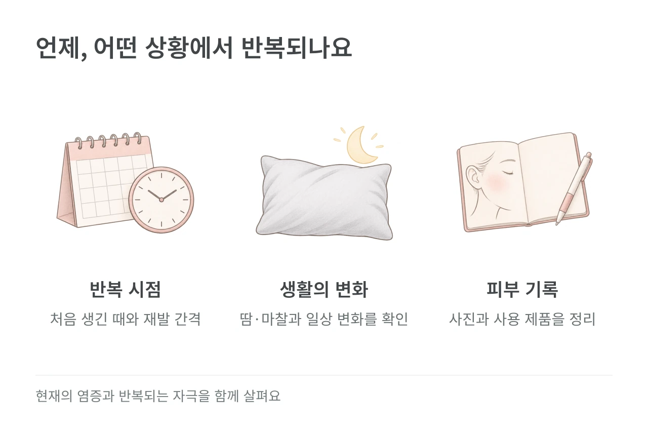 언제, 어떤 상황에서 반복되나요 — 반복 시점·생활의 변화·피부 기록