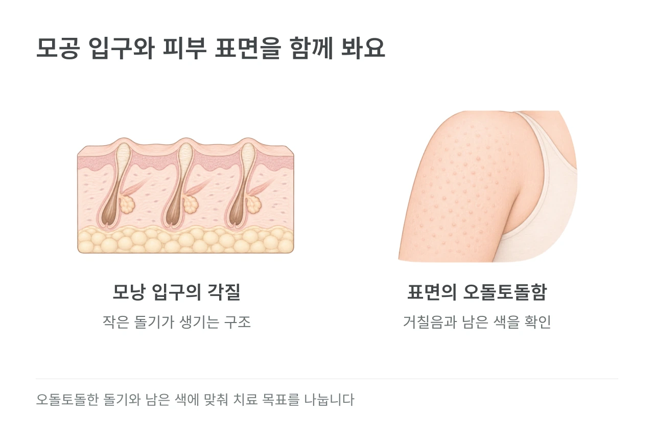 모공 입구와 피부 표면을 함께 봐요 — 모낭 입구의 각질·표면의 오돌토돌함