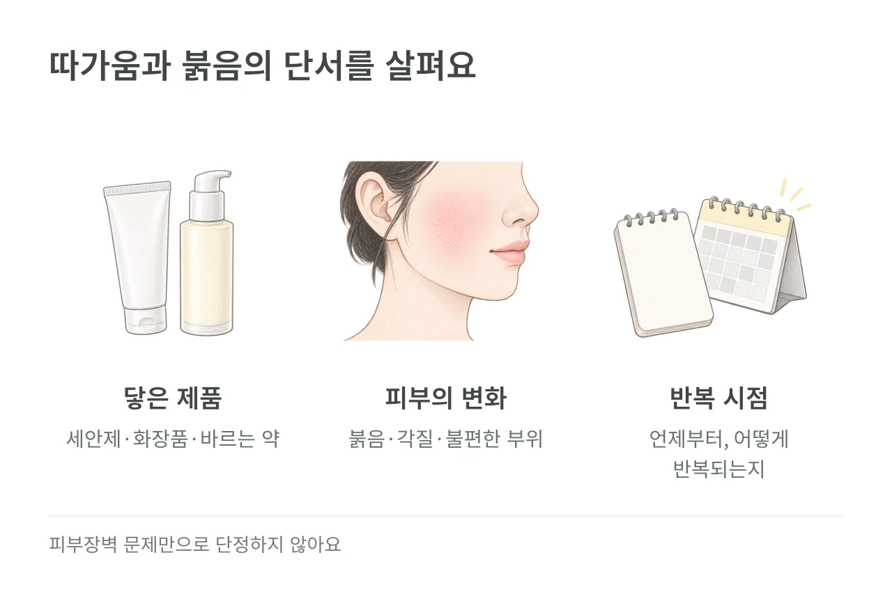 따가움과 붉음의 단서를 살펴요 — 닿은 제품·피부의 변화·반복 시점