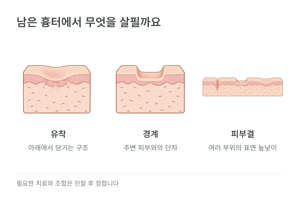 남은 흉터에서 무엇을 살필까요 — 유착·경계·피부결