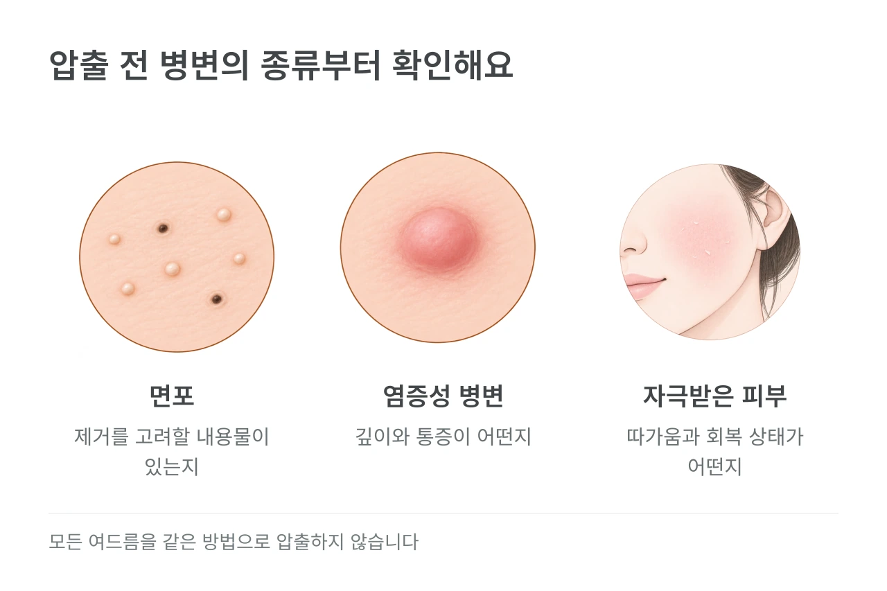 압출 전 병변의 종류부터 확인해요 — 면포·염증성 병변·자극받은 피부