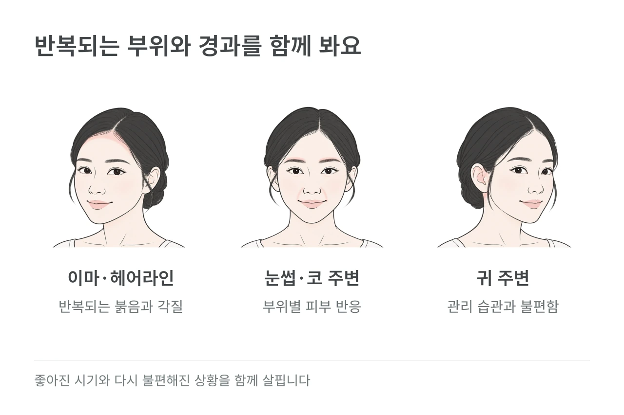 반복되는 부위와 경과를 함께 봐요 — 이마·헤어라인·눈썹·코 주변·귀 주변