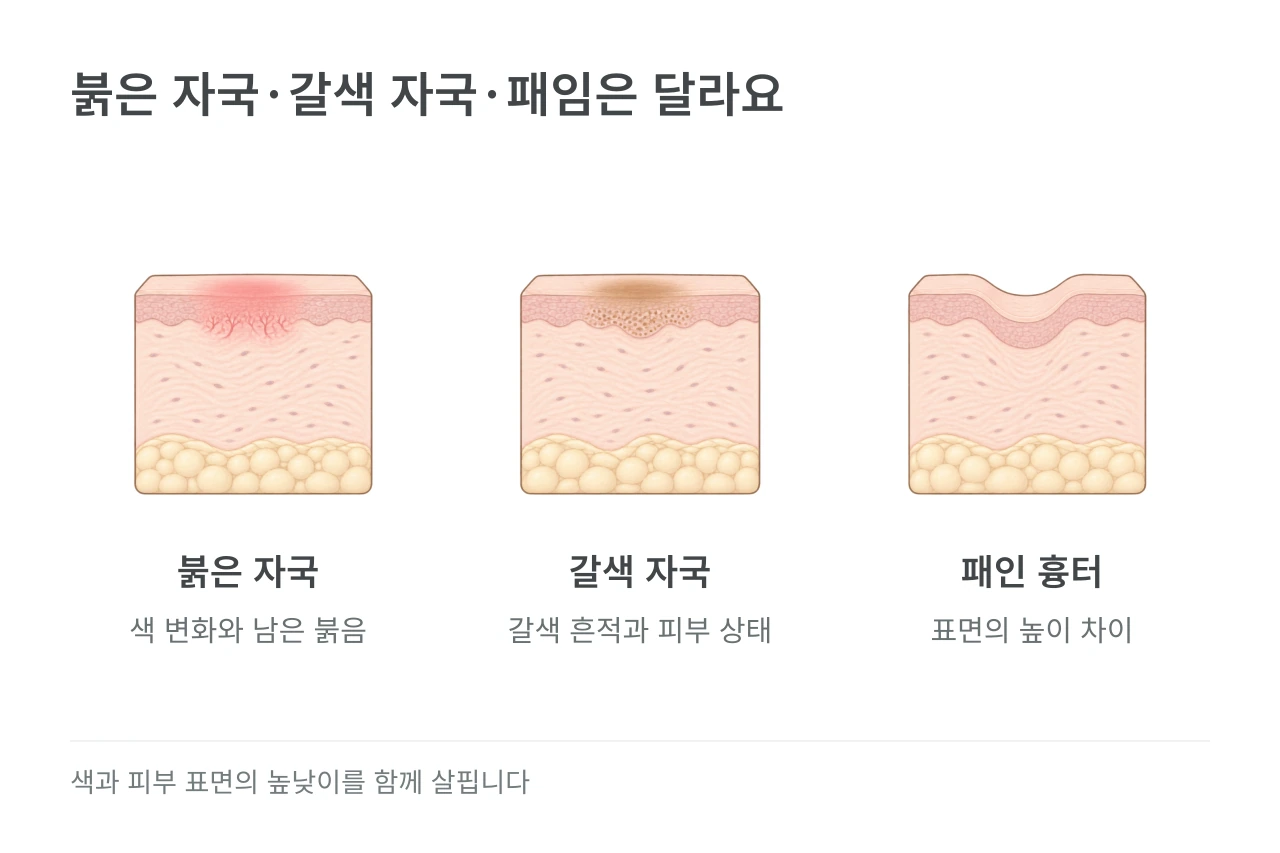 붉은 자국·갈색 자국·패임은 달라요 — 붉은 자국·갈색 자국·패인 흉터