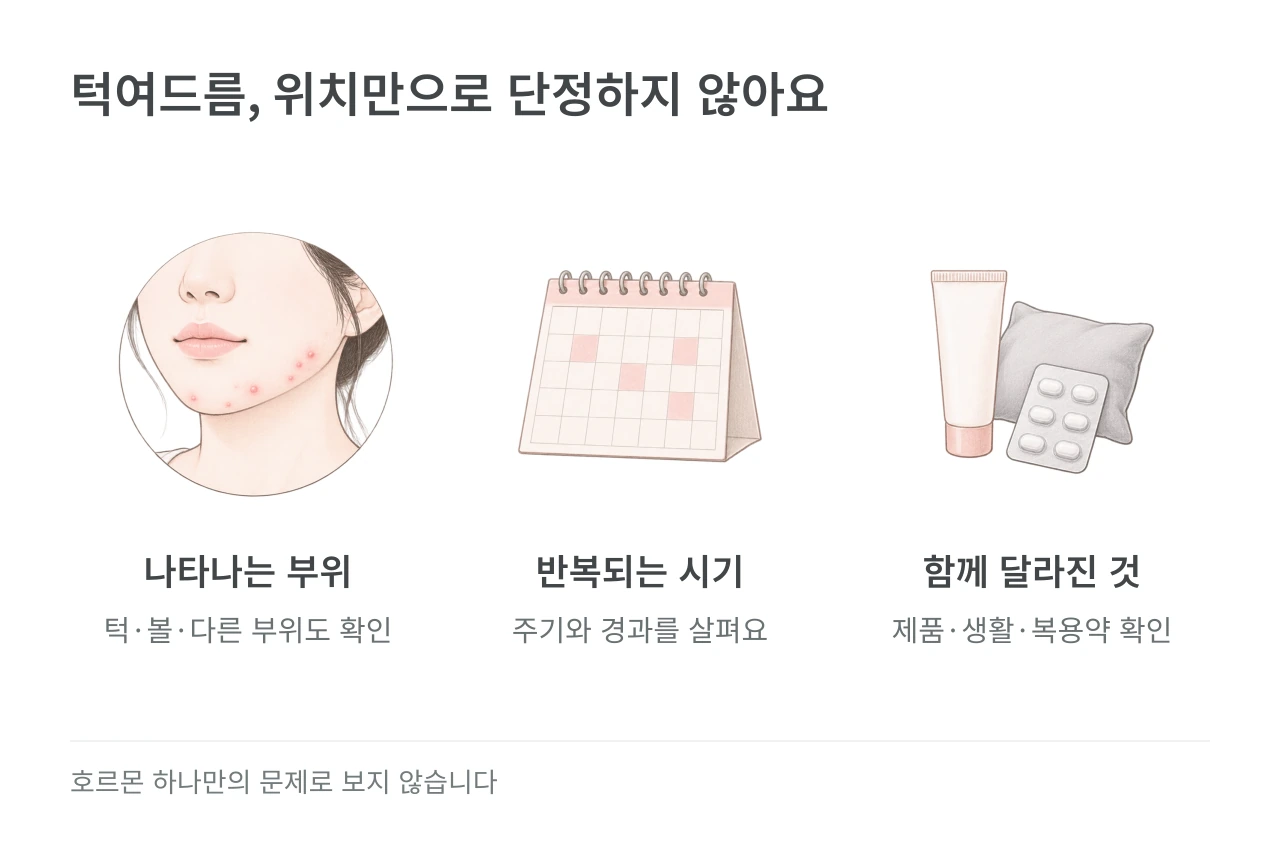 턱여드름, 위치만으로 단정하지 않아요 — 나타나는 부위·반복되는 시기·함께 달라진 것