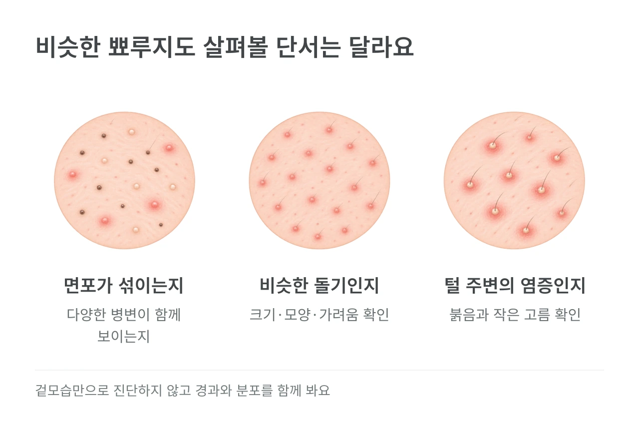 비슷한 뾰루지도 살펴볼 단서는 달라요 — 면포가 섞이는지·비슷한 돌기인지·털 주변의 염증인지