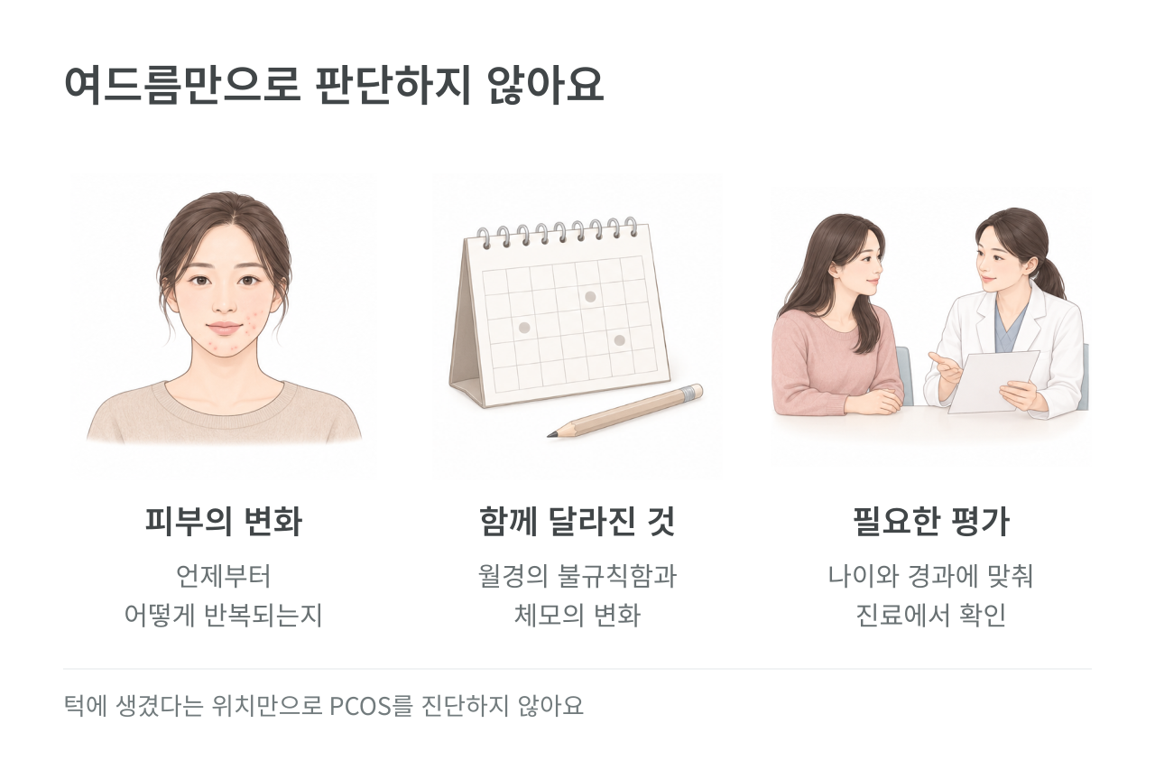 여드름만으로 판단하지 않아요 — 피부의 변화 언제부터 어떻게 반복되는지; 함께 달라진 것 월경의 불규칙함과 체모의 변화; 필요한 평가 나이와 경과에 맞춰 진료에서 확인