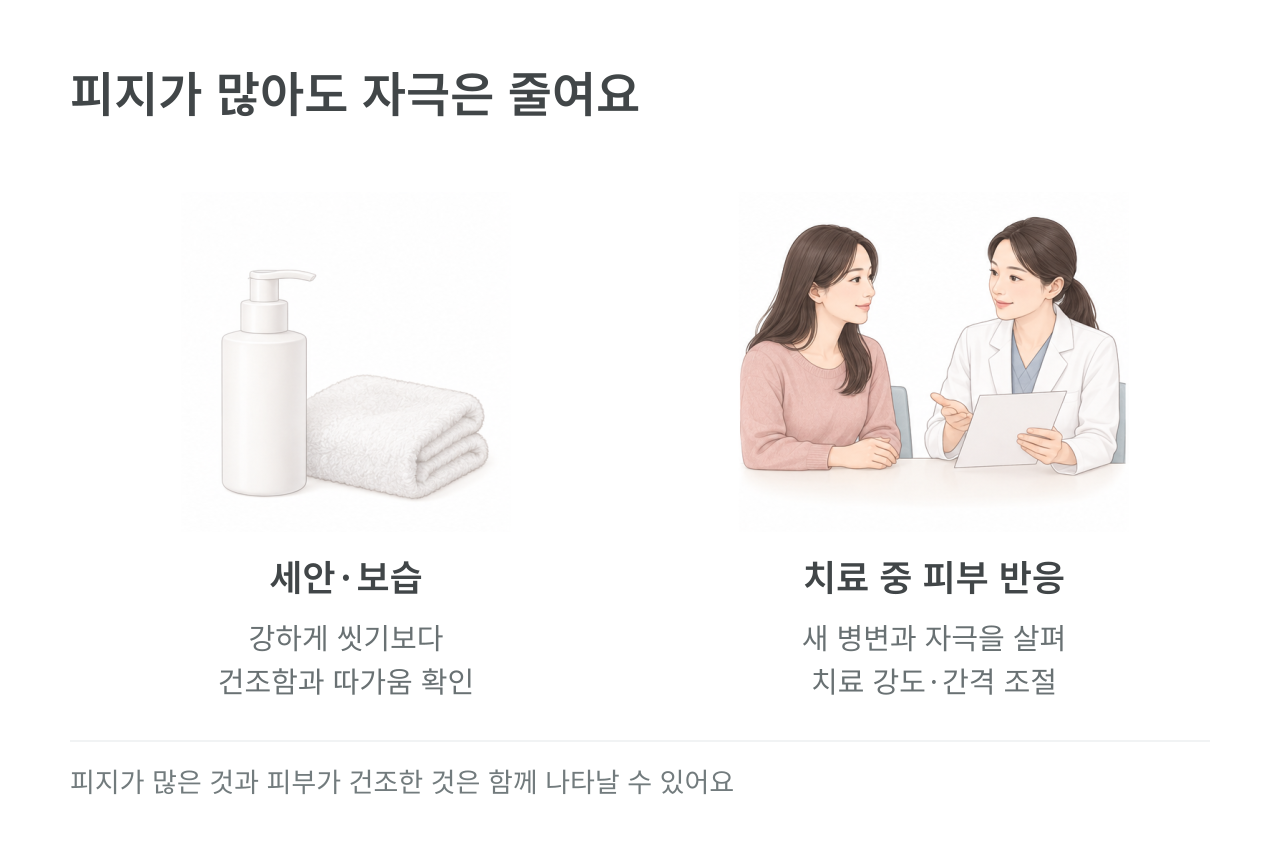 피지가 많아도 자극은 줄여요 — 세안·보습 강하게 씻기보다 건조함과 따가움 확인; 치료 중 피부 반응 새 병변과 자극을 살펴 치료 강도·간격 조절