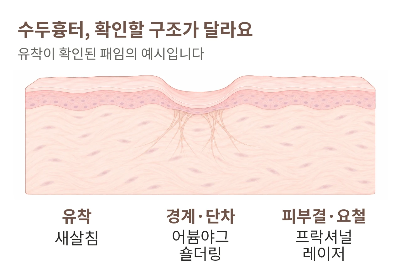 유착이 확인된 수두흉터 패임의 예시와 유착·경계·피부결에 따라 검토하는 치료 역할을 정리한 그림