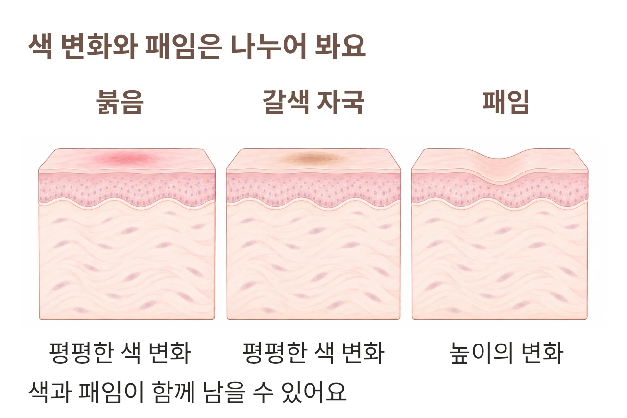 평평한 붉음과 갈색 자국, 피부 높이가 낮아진 패임을 비교한 피부 단면 그림